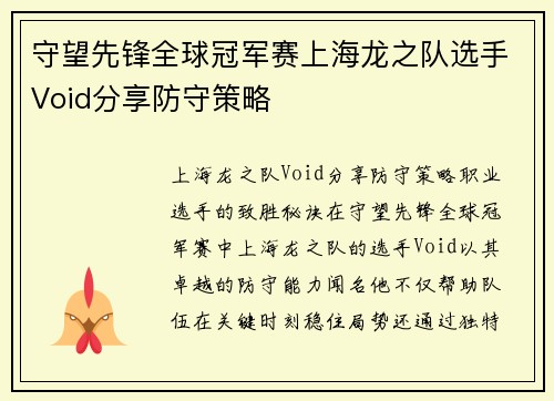 守望先锋全球冠军赛上海龙之队选手Void分享防守策略