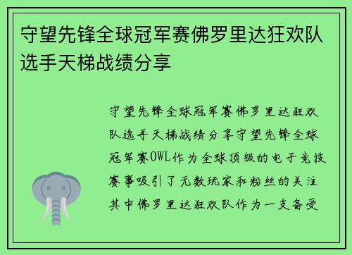 守望先锋全球冠军赛佛罗里达狂欢队选手天梯战绩分享